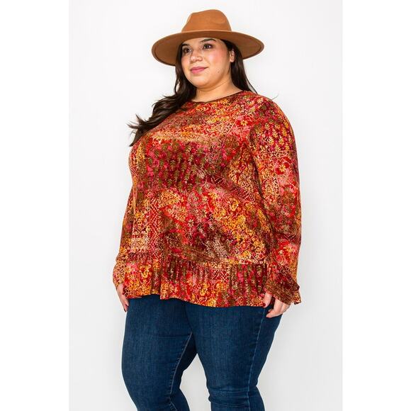 064 Curvy Lovey Boho Glitter Multi Print Frill Hem Tunic Top in Red - Picture 2 of 5